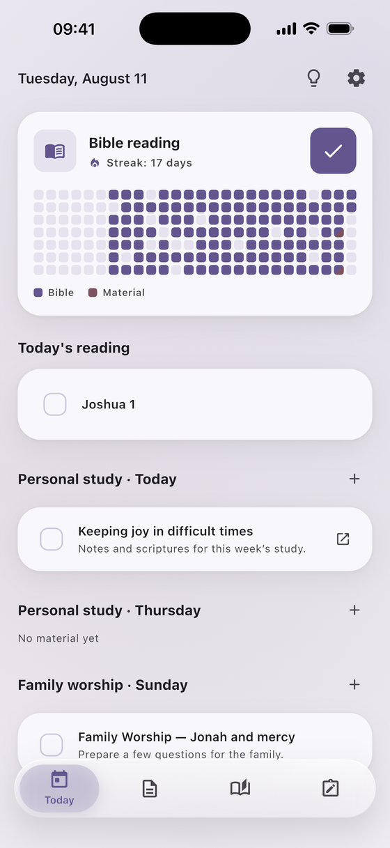 The Today screen: reading progress, today's chapter, and material planned for upcoming study days