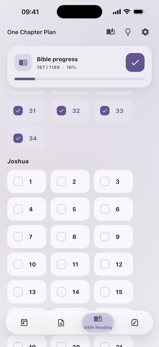 Bible reading plan with chapter progress