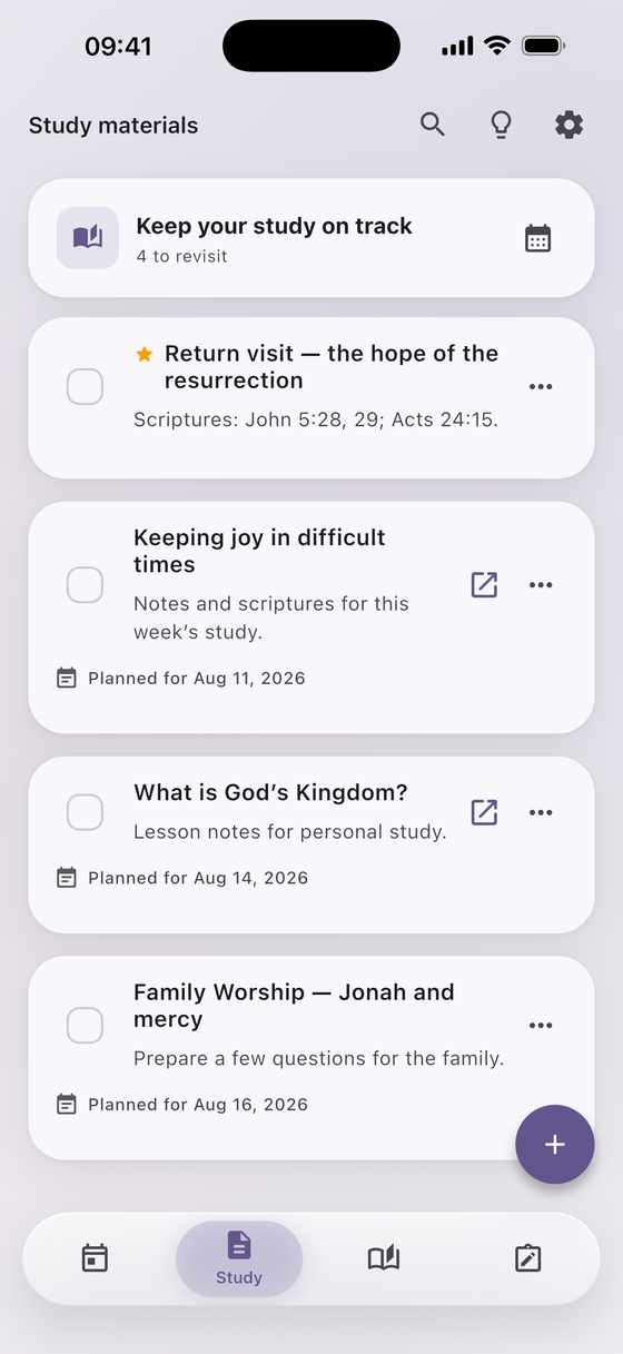 Saved study material with planned dates