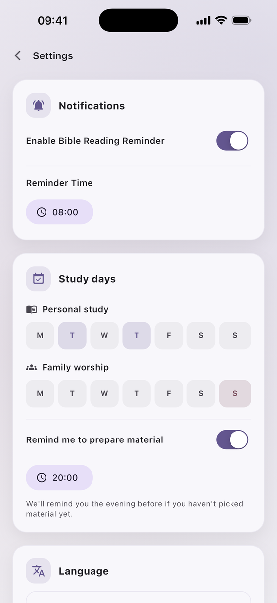 Settings: study days and reminders