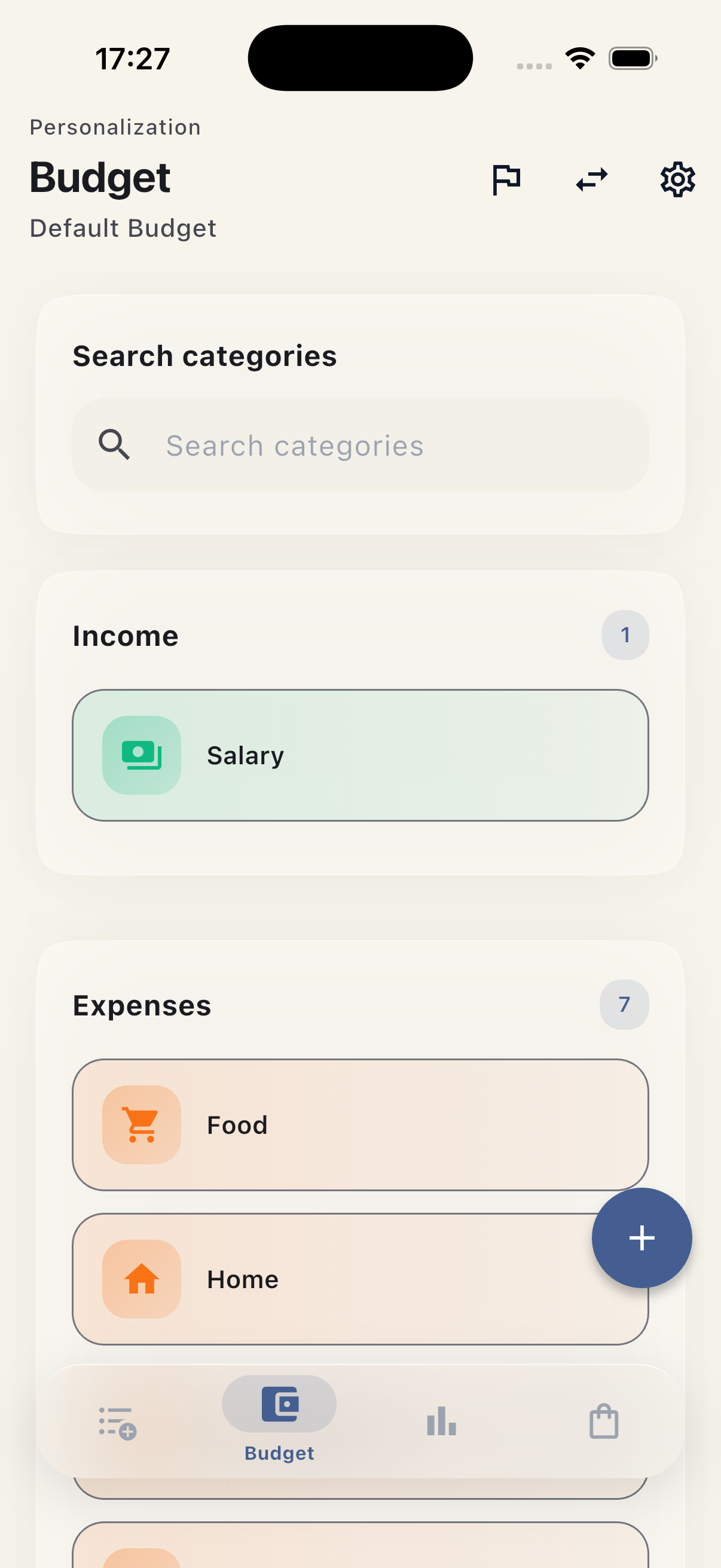 Budget categories screen