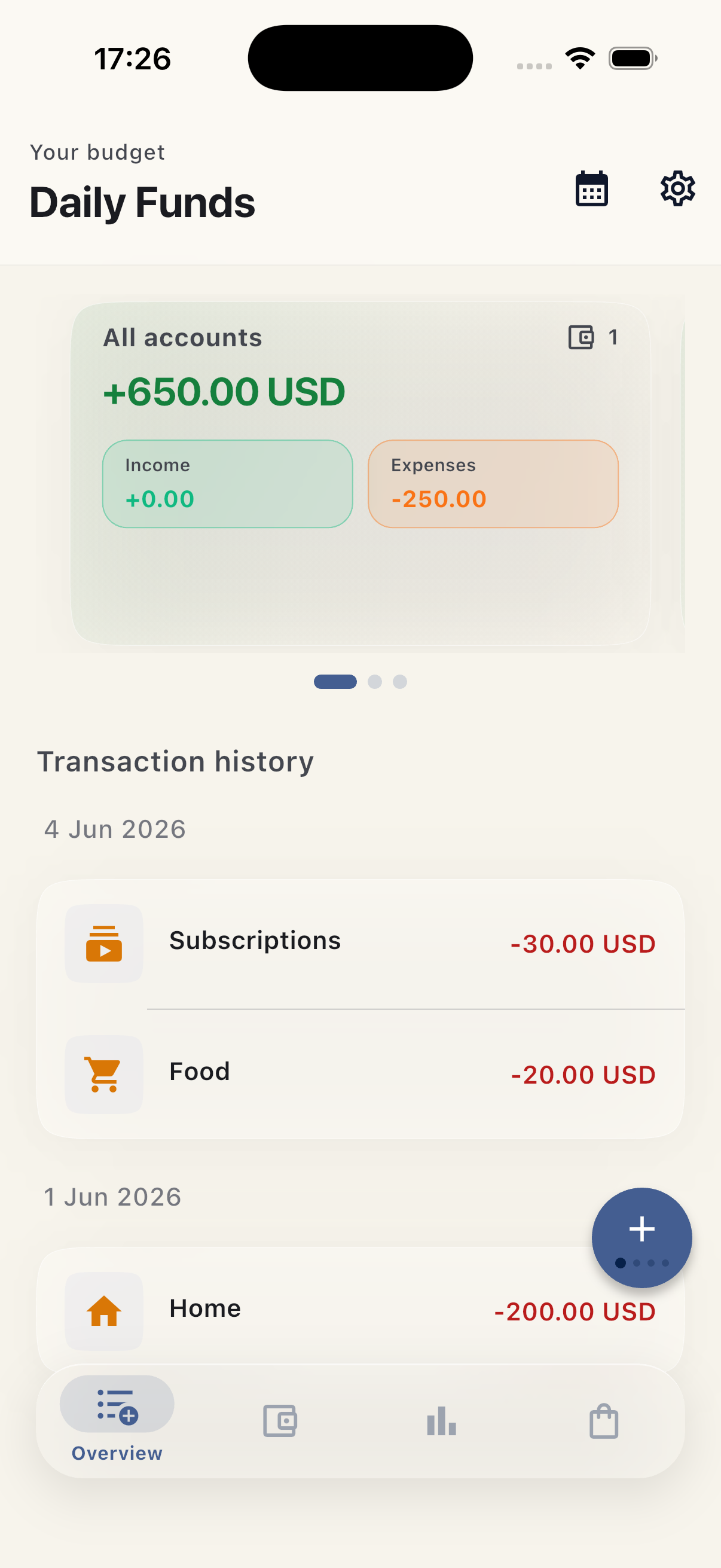 Daily Funds overview screen showing accounts and transactions